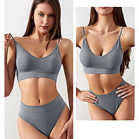 Комплект жіночої білизни Lesko 1608# M 70/75 ABC Сірий у рубчик труси та топ 1 шт., фото 4