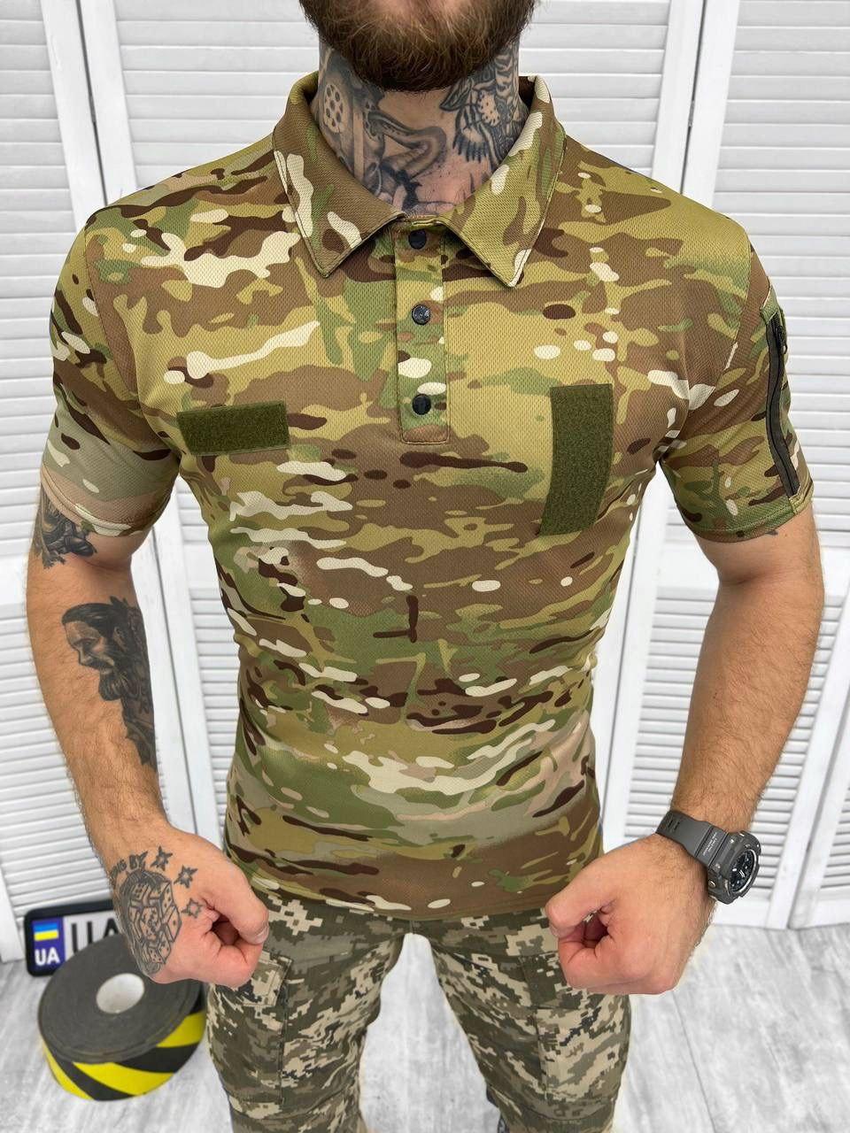 Тактична поло мультикам з липучками, чоловіча військова літня футболка поло камуфляж армійська статутна зсу