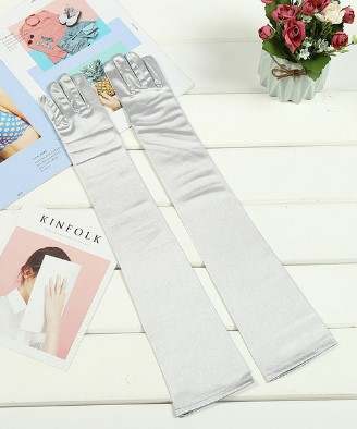 Рукавички сріблясті атласні сірі вище ліктя, фото 1