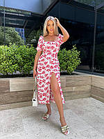 Элегантное летнее легкое красное женское платье миди из софта с нежным цветочным узором и разрезом