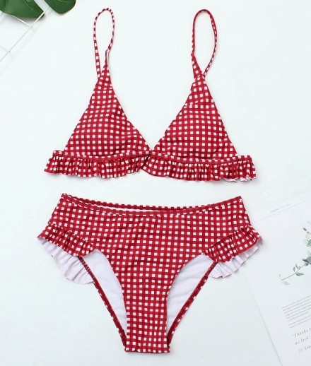 Купальник червоний в клітку, купальник модний, роздільний купальник, купальник червоний з оборкою, фото 1