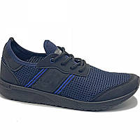 44 размер Кроссовки мужские из ткани дышащие лёгкие синие летняя сетка обувь с защитным металлическим носком