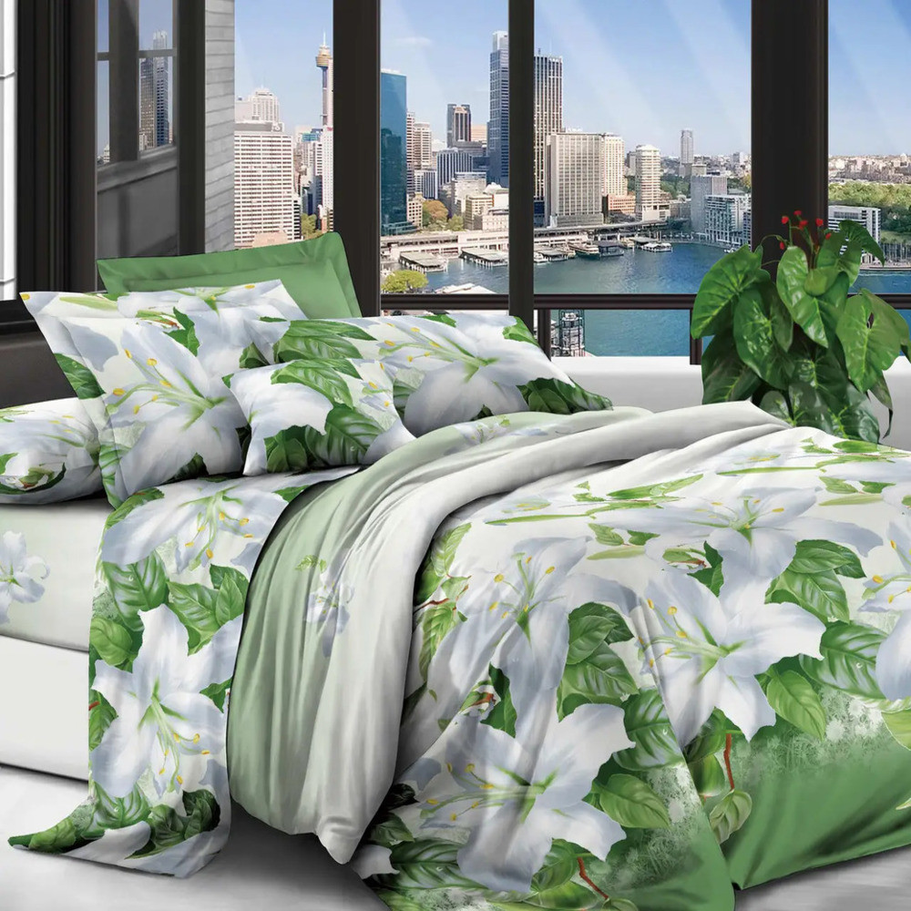 Полуторний постільний комплект 150х220 Постільна білизна "Білі лілії" (22648) Бязь бавовна поліестер, фото 1