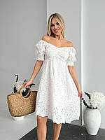 Женское натуральное белое платье миди из прошвы