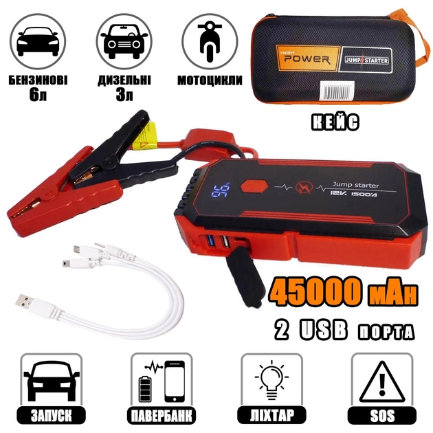 Пусковий автомобільний пристрій для акумулятора JUMP STARTER Power Bank 45000mah (real 14400 mAh) - НФ-0000