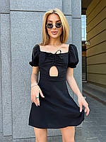Шикарное черное короткое женское летнее легкое платье мини с вырезом из американского крепа 44/46