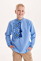 Вышиванка подростковая "Захар", голубая вышитая рубашка для мальчика
