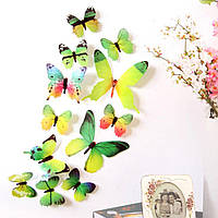 (12 шт) Набор бабочек 3D (на скотче), ЗЕЛЕНЫЕ с рисунком