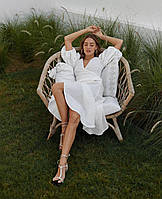 Белый легкий женский льняной длинный сарафан макси на запах с объемными рукавами на резинке