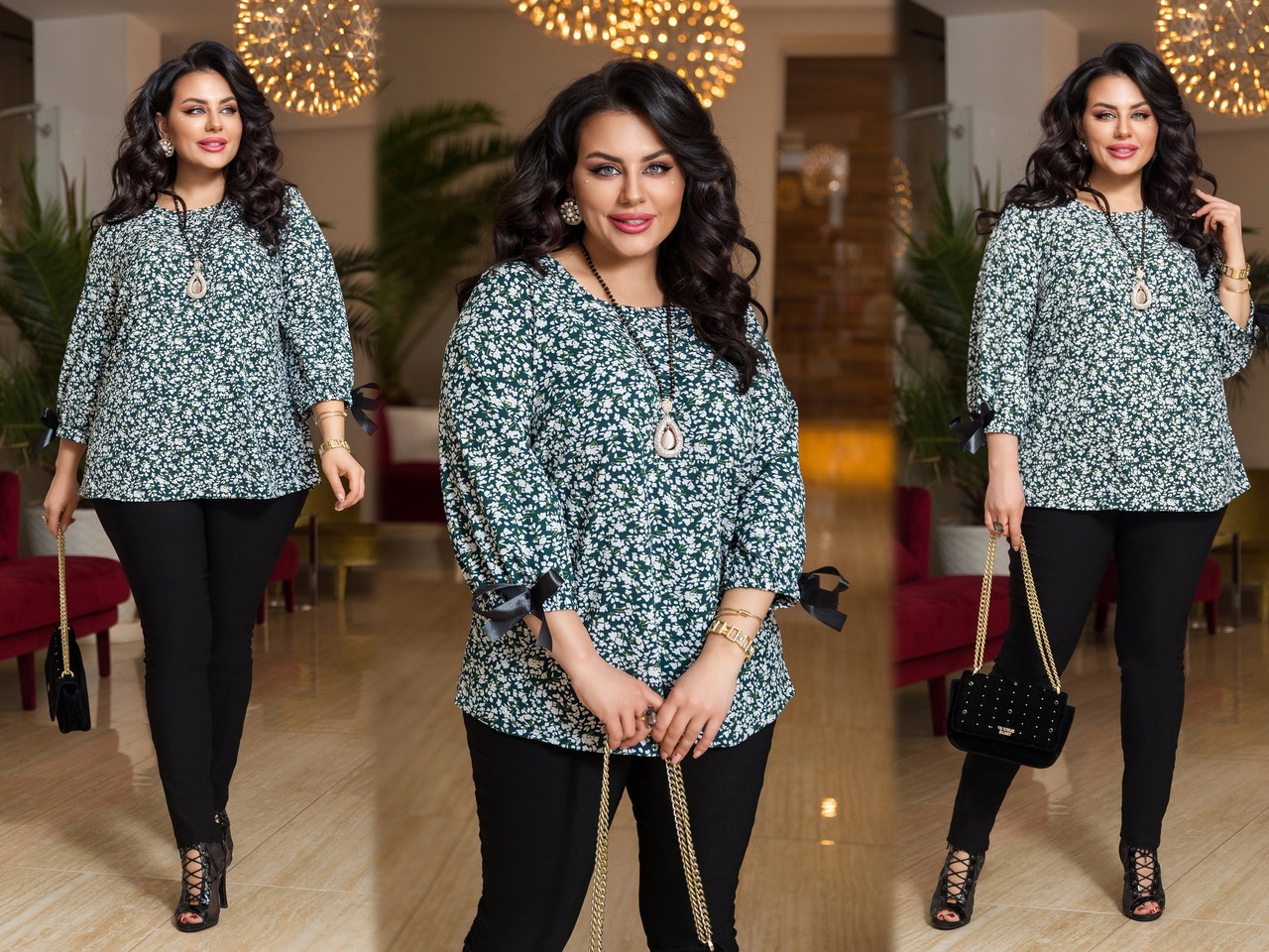 Жіночий весняний костюм: квітчаста блузка і джинсові лосини, батал великі розміри, фото 1