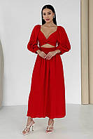 Льняное платье трансформер длинное с широкими рукавами красное женское летнее нарядное