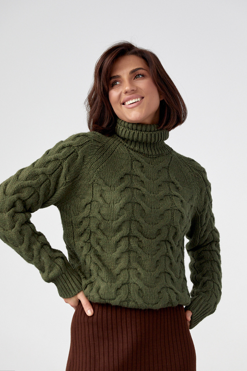 Жіночий светр із грубого в'язання в косичку — хакі колір, L (є розміри)