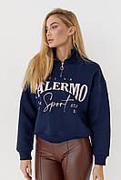 Утепленный свитшот с молнией на горловине и надписью Palermo - темно-синий цвет, L (есть размеры) un