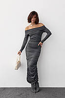 Силуэтное платье с драпировкой и открытыми плечами - темно-серый цвет, S (есть размеры) un
