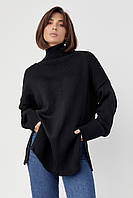 Женский вязаный свитер oversize с разрезами по бокам - черный цвет, L (есть размеры) un