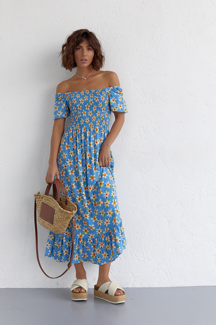 Довге жіноче плаття з еластичною талією й оборкою ESPERI — блакитний колір, L (є розміри)