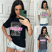 Жіночі футболки 3115-маса Модна вільна жіноча футболка подовжена зі стразами