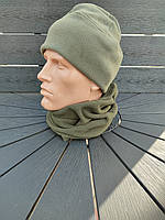 Комплект флисова шапка з бафом хакі / Флісова шапка+шарф-труба для військових кольору олива