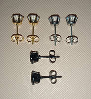 Серьги с фианитами, 3 вида. Золото, серебро, черные. Сережки гвоздики, бижутерия.