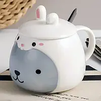 Кружка з кришкою і ложкою "Фейс", 400мл (Керамічна чашка для кави і чаю)