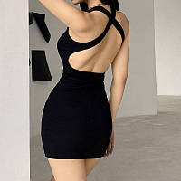 Женское короткое черное платье с открытой спиной крепдайвинг универсальный размер 42/46