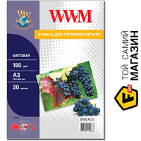 Папір WWM 180 г/м?, А3, 20 л. матовий (M180.A3.20) А3 (420 x 297 мм) 20 фотопапірів для струменевих принтерів 180