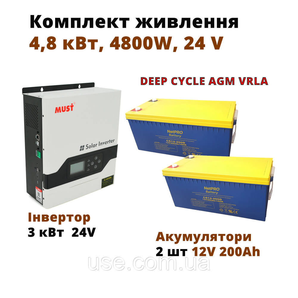Інвертор з акумуляторами 4800W, 24V, комплект живлення для дому, квартири