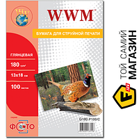 Папір WWM 180 г/м?, 130x180 мм, 100 л. глянсовий (G180.P100/C) 13 x 18 см 100 фотопапірів для струменевих принтерів