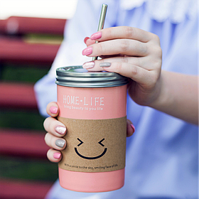 Стакан з кришкою і трубочкою керамічний "Смайл", 500мл (Стакан для кави)