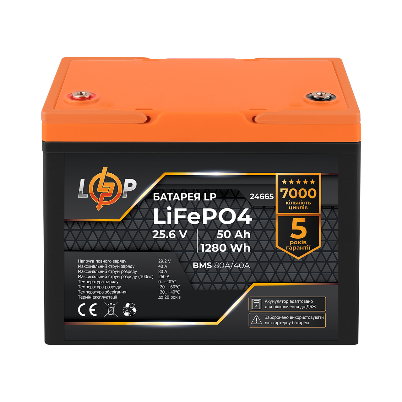 Акумулятор LP LiFePO4 25,6V - 50 Ah (1280Wh) (BMS 80A/40А) пластик для ДБЖ