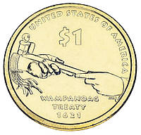 США 1 доллар 2011 P UNC Сакагавея Коренные американцы Договор с Вампаноагами Трубка мира (KM#503)