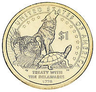 США 1 доллар 2013 P UNC Сакагавея Коренные американцы Делаверский договор 1778 года Волк Черепаха (KM#551)