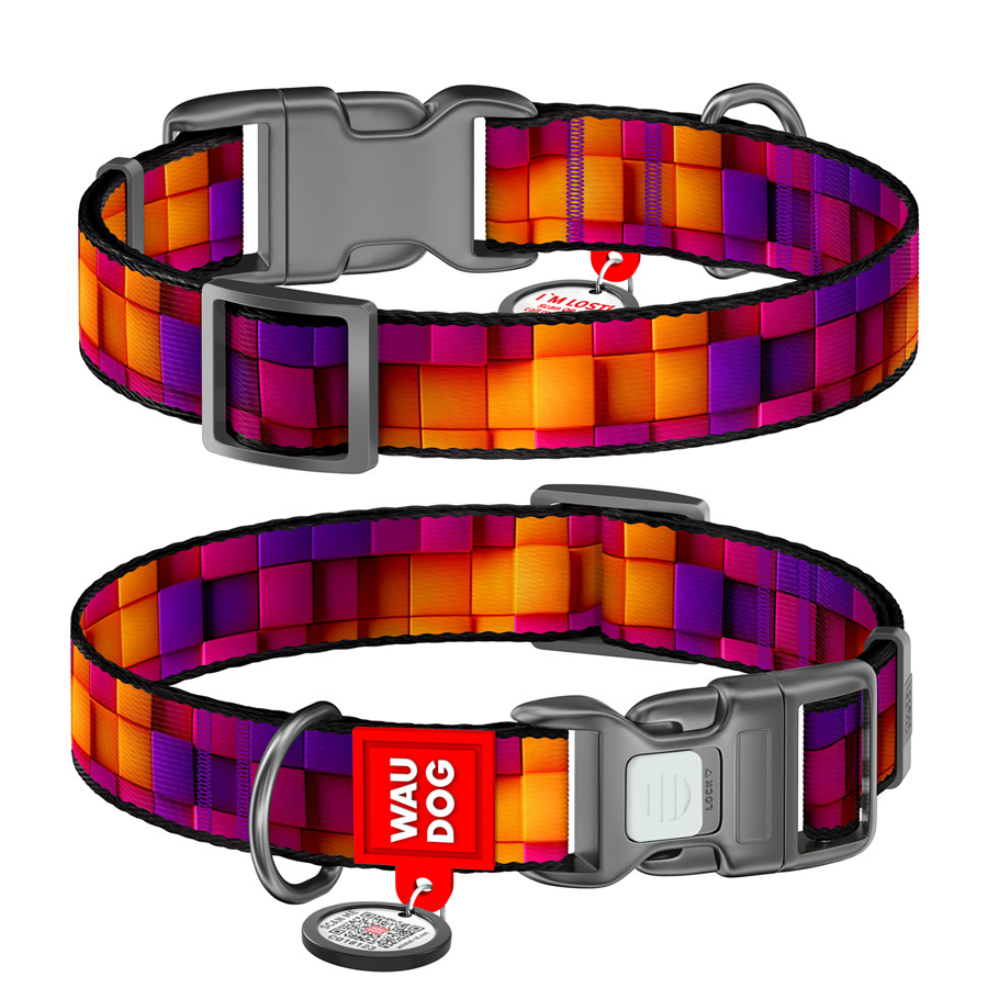 Нашийник для собак нейлоновий WAUDOG Nylon з QR-паспортом, малюнок "Куби 3Д", пластиковий фастекс, L, Ш 25 мм, фото 1