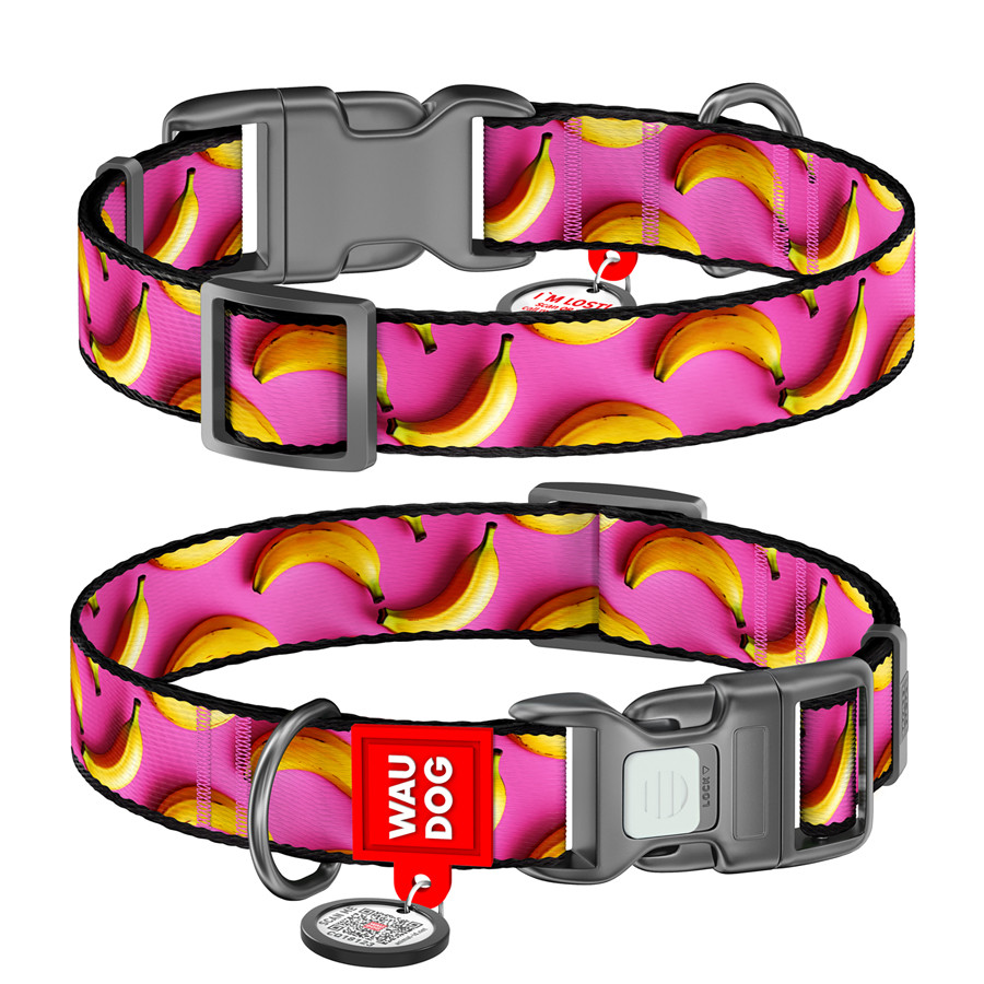 Нашийник для собак нейлоновий WAUDOG Nylon з QR паспортом, малюнок "Банани на рожевому", пластиковий фастекс,, фото 1