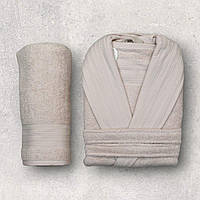 Набор для бани женский XL махровый с поясом стильный, натуральный домашний халат и полотенца пушистый Пудровый