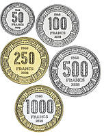 Габон набір із 5 монет 2020 UNC 50, 100, 250, 500, 1000енсів