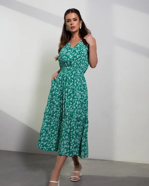 Зелене квіткове плаття з рюшами та воланом, фото 1