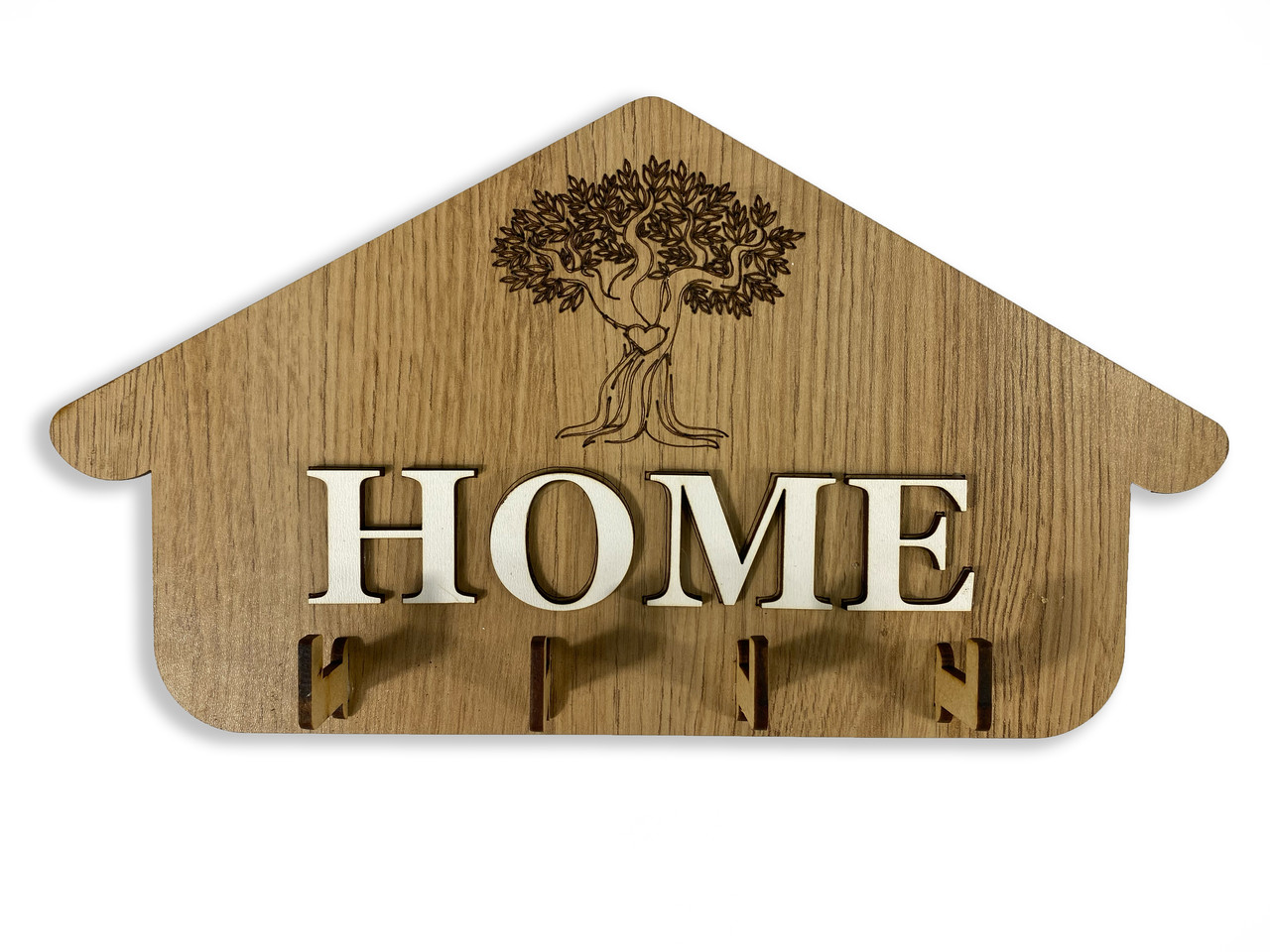 Ключник із натурального дерева HOME на 4 гачки з різзю 28х15 см, ключниця настінна, фото 1