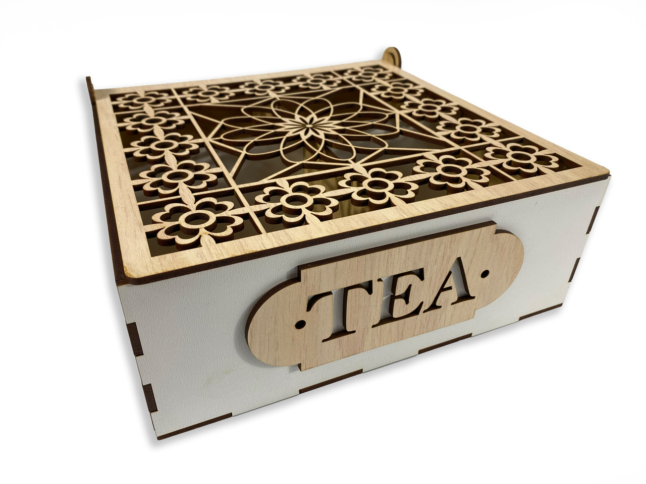 Ящик для чаю TEA з натурального дерева з різзю і перфорацією 22х22,5х7,5 см