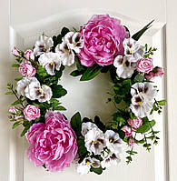 Вінок декоративний штучний 45 см з квітів: піони, троянди і братики