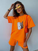 Яркий трикотажный костюм (шорты+футболка с накатом) оранжевый