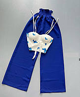 Костюм летний легкий (широкие брюки высокая посадка талия резинка+топ) синий+БАБОЧКИ СИНИЕ