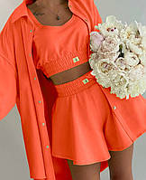 Яркий костюм тройка (рубашка оверсайз+топ на резинке+шорты свободного кроя) оранжевый