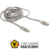 Кабель 2 в 1 PowerPlant Quick Charge 2.1A Cotton USB 2.0 AM to Lightning/Micro 2м, grey (CA910496)
