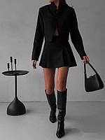 Жіночий костюм (міні спідниця з бічними складками + піджак укорочений) чорний