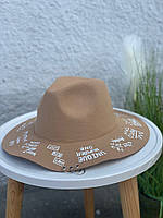 Шляпа женская федора фетр с принтом бежевого цвета SL21006