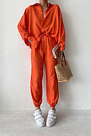Дышащий льняной костюм (брюки низ на резинке+удлиненная рубашка) оранжевый