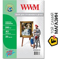 Бумага WWM 260г/м, А3, 20л, натуральный хлопк (CC260A3.20) А3 (420 x 297 мм) 20 холст для струйных принтеров