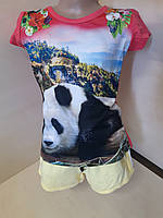 Літній костюм для дівчинки футболка вільні шорти Панда 116 122 128 134