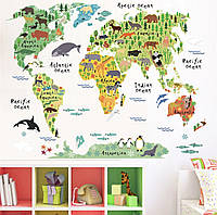 Интерьерная декоративная виниловая наклейка на стену Карта мира с животными ZYPA037"